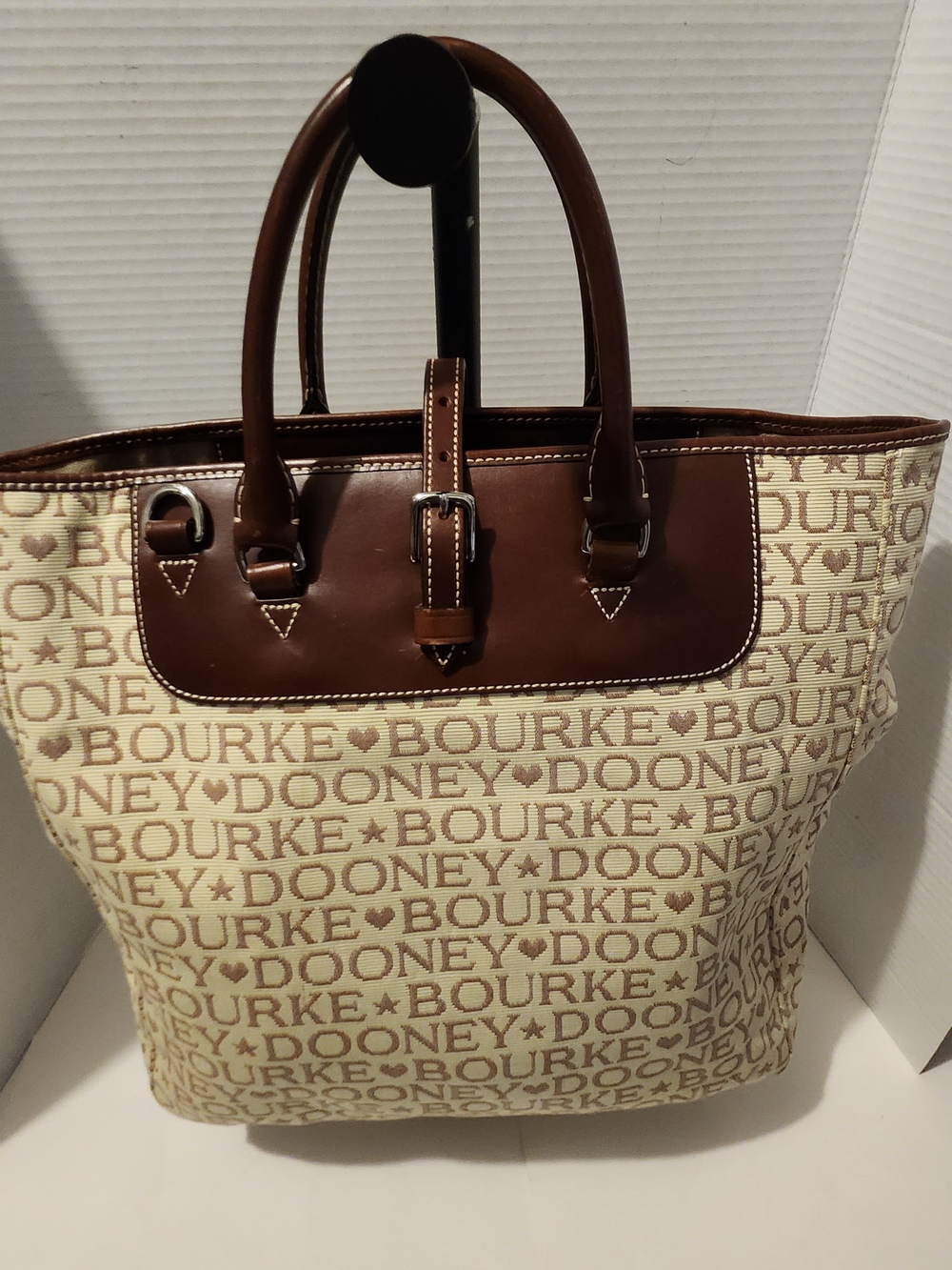 Dooney & Bourke Cream Logo Tote with Brown Leather Trim